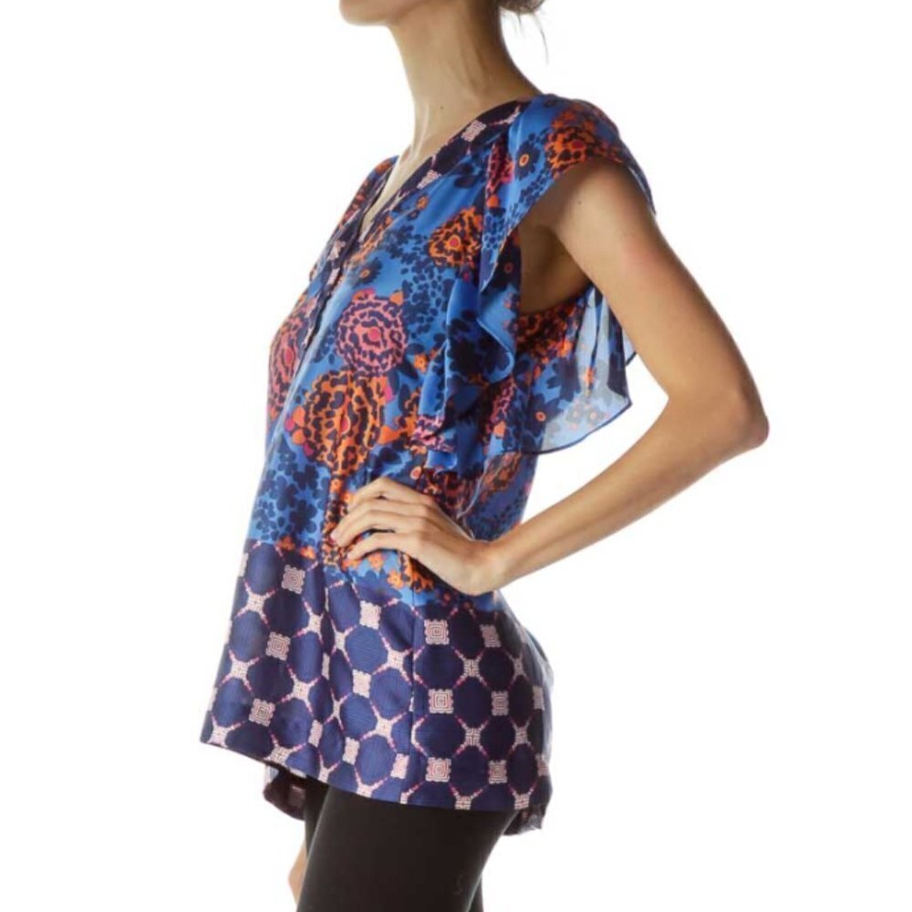Anthropologie Fei Blue Orange Printed Satin Blouse